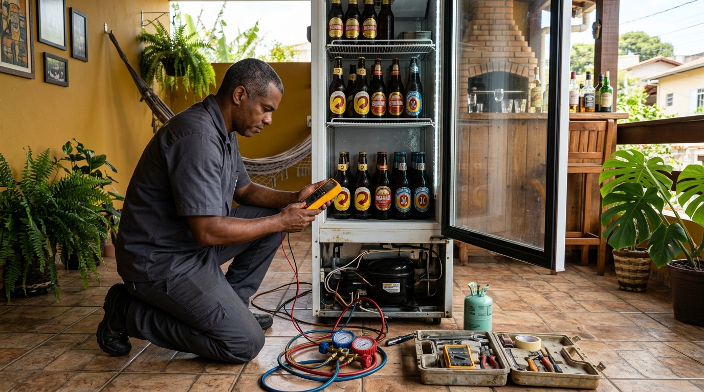 Placa eletrônica de cervejeira em reparo na bancada em Maceió‑AL