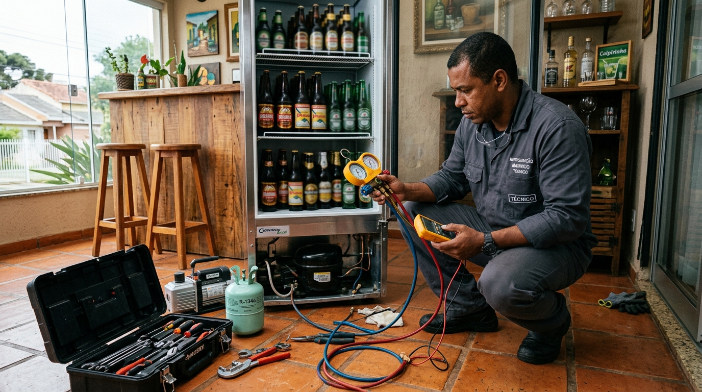 Técnico revisando o motor de uma cervejeira durante chamado em Maceió‑AL