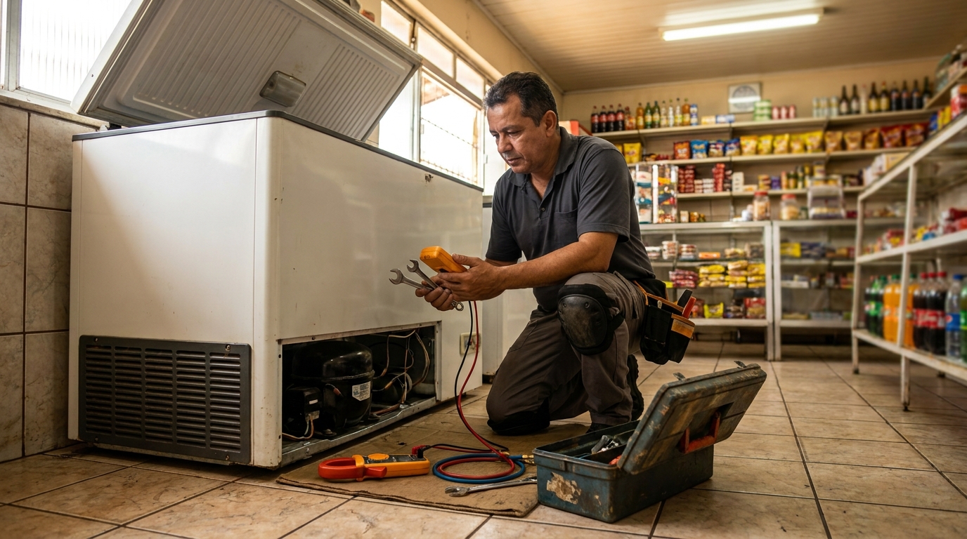 Técnico avaliando um freezer vertical durante atendimento em Maceió‑AL