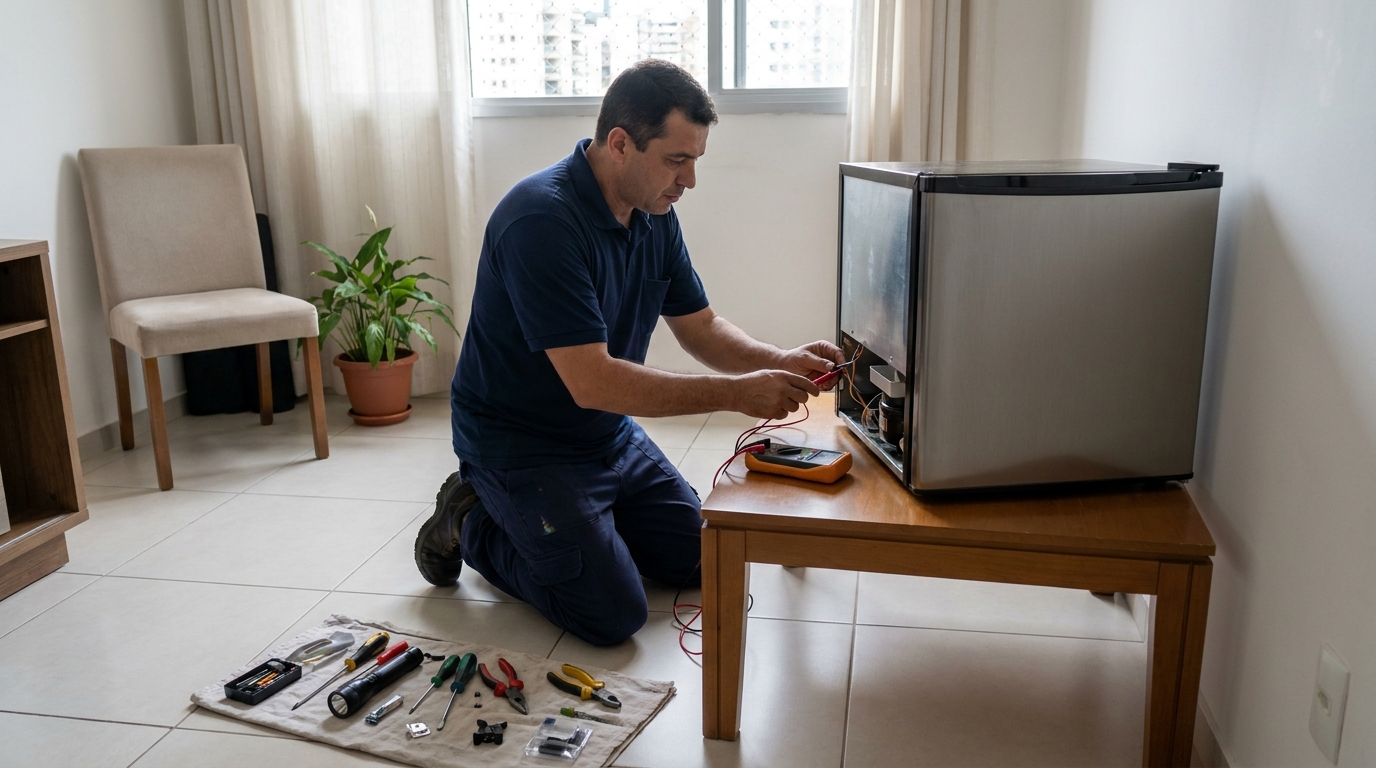 Técnico avaliando um frigobar compacto durante atendimento em Maceió‑AL